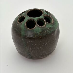 Vintage Signed Handcrafted Pottery Green and Brown Glaze Flower Frog/Vase